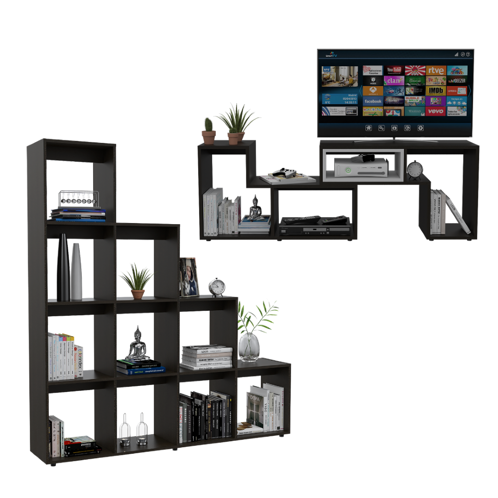 Rack Extensible + Biblioteca Escalera Beijing Color Wengue Para Sala De Estar